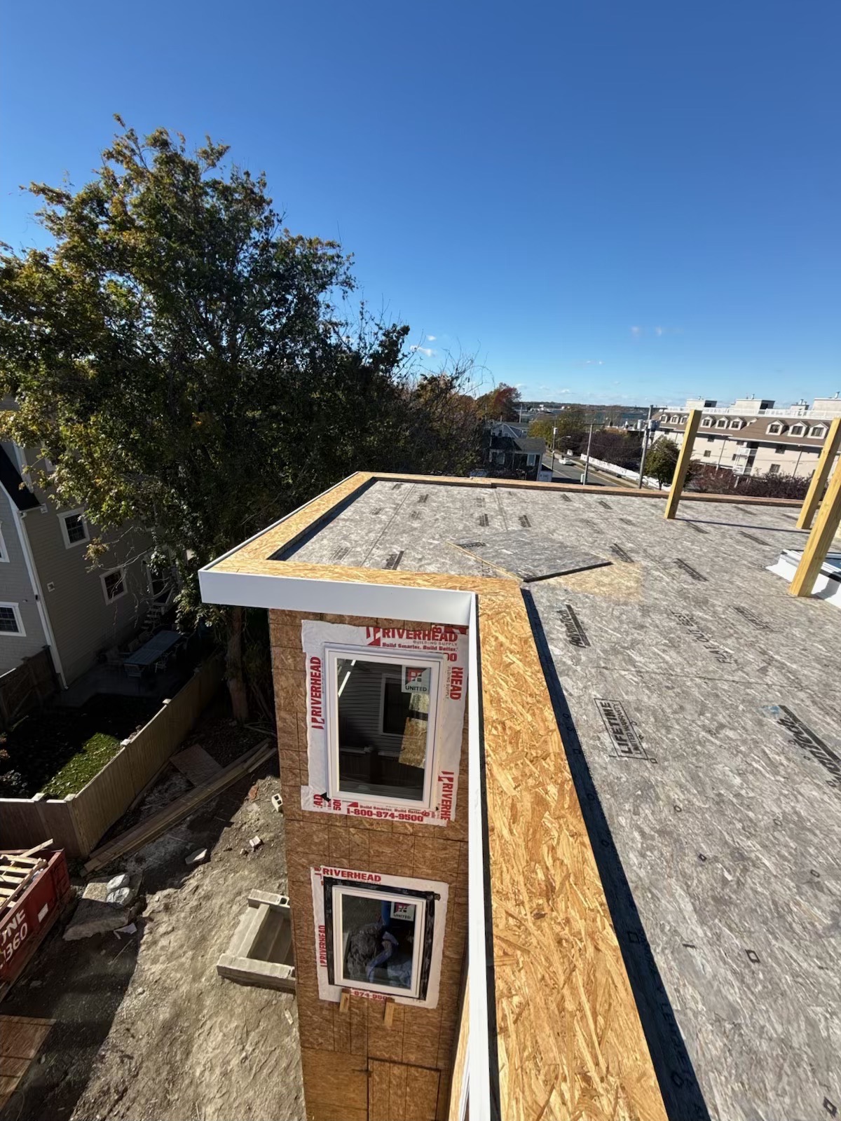 Aerial view of the rooftop and building from the EPDM roof